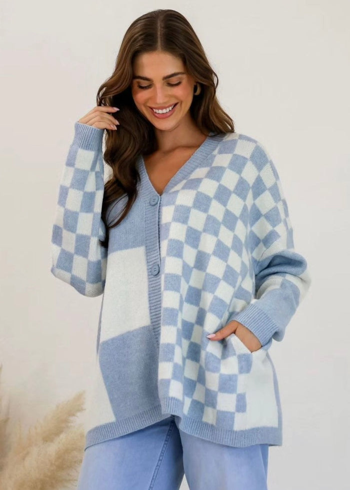 Women’s Blue and White Check Cardigan 
