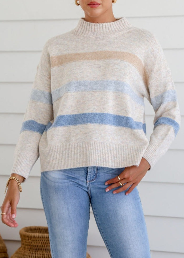 Women's beige knit with sky blue stripes
