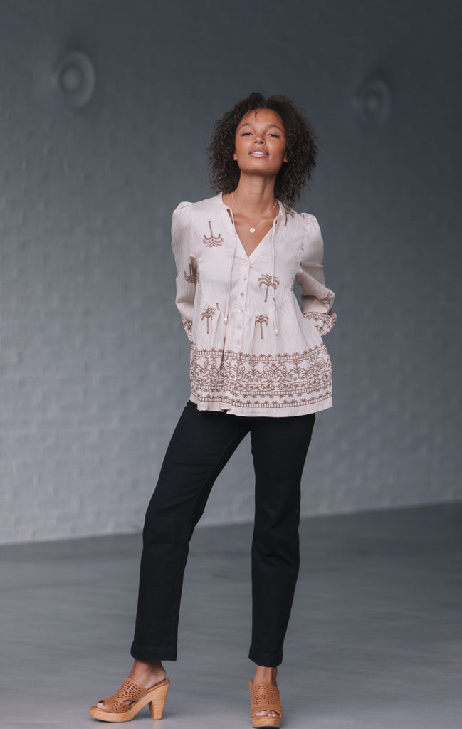 Palm Border Blouse - Tan
