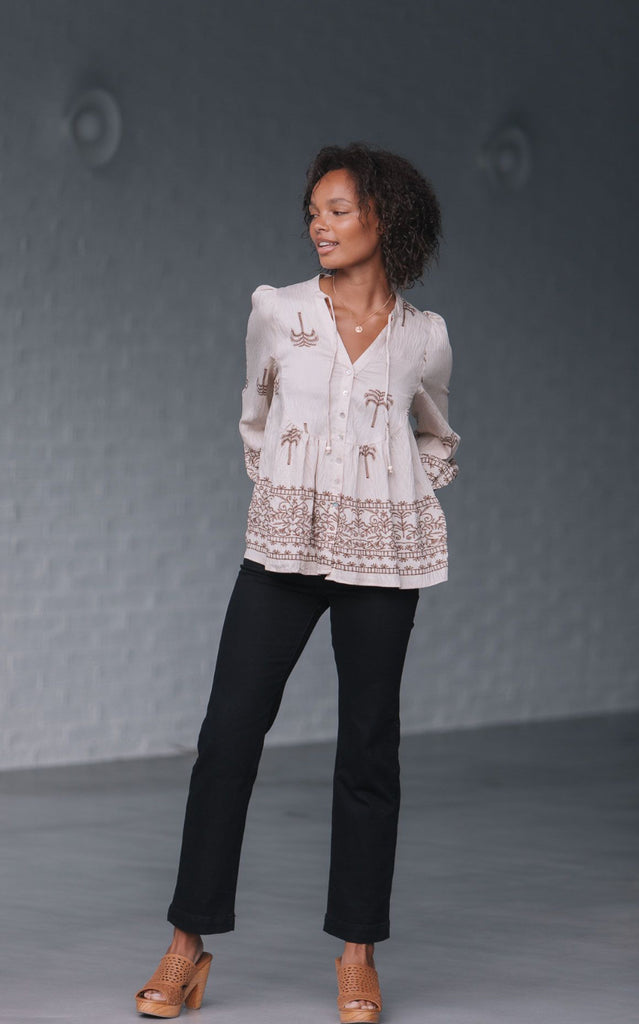 Palm Border Blouse - Tan