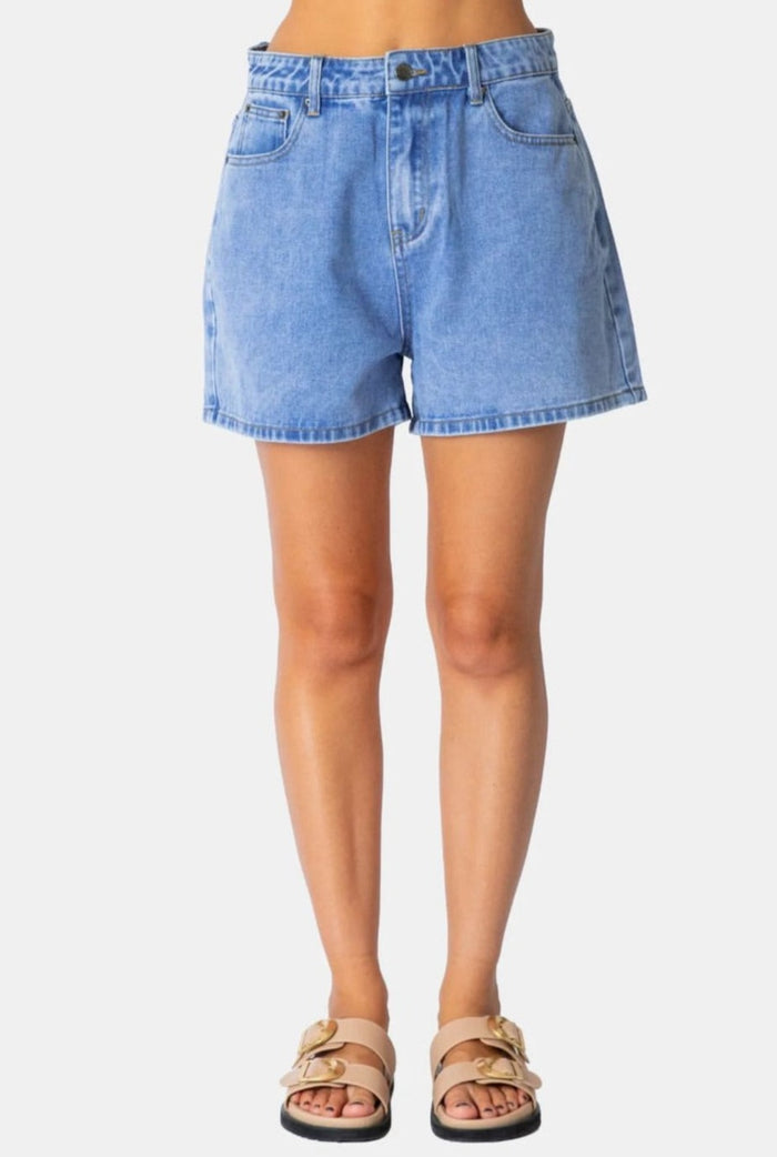 women's mid length denim shorts