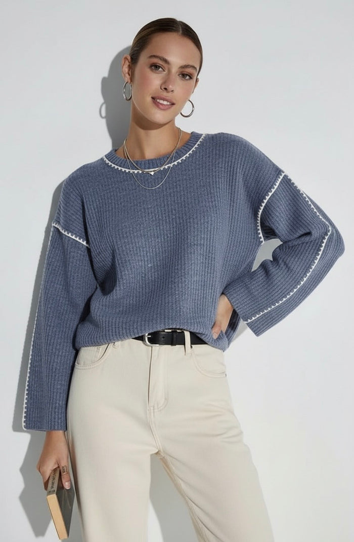 Mabel Blanket Stitch Knit - Blue - Betty Lane 