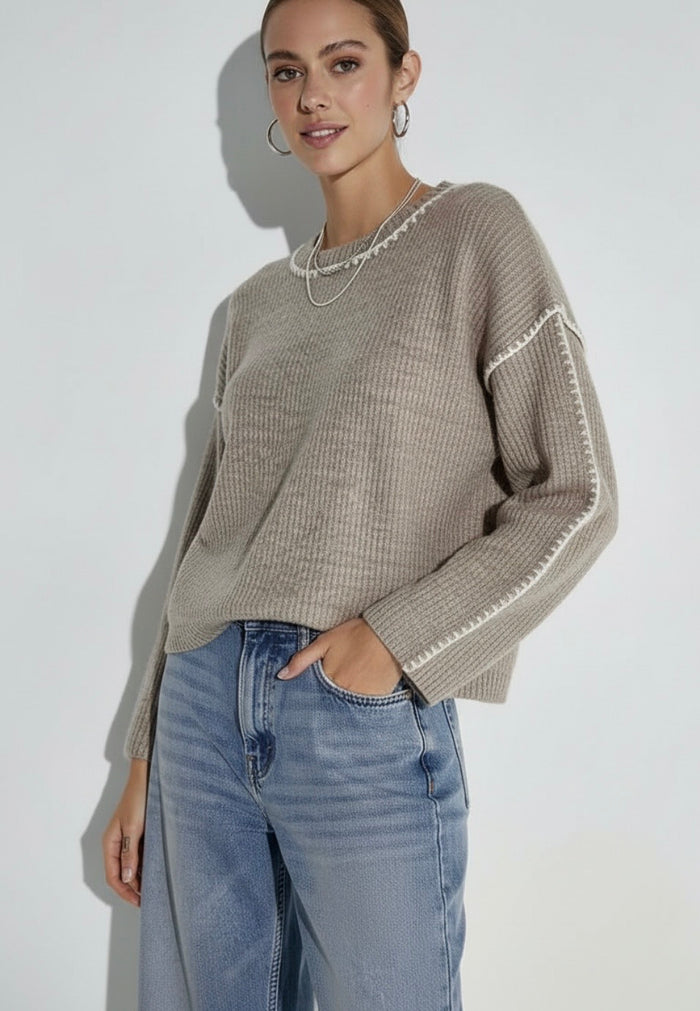 Mabel Blanket Stitch Knit - Mocha - Betty Lane 