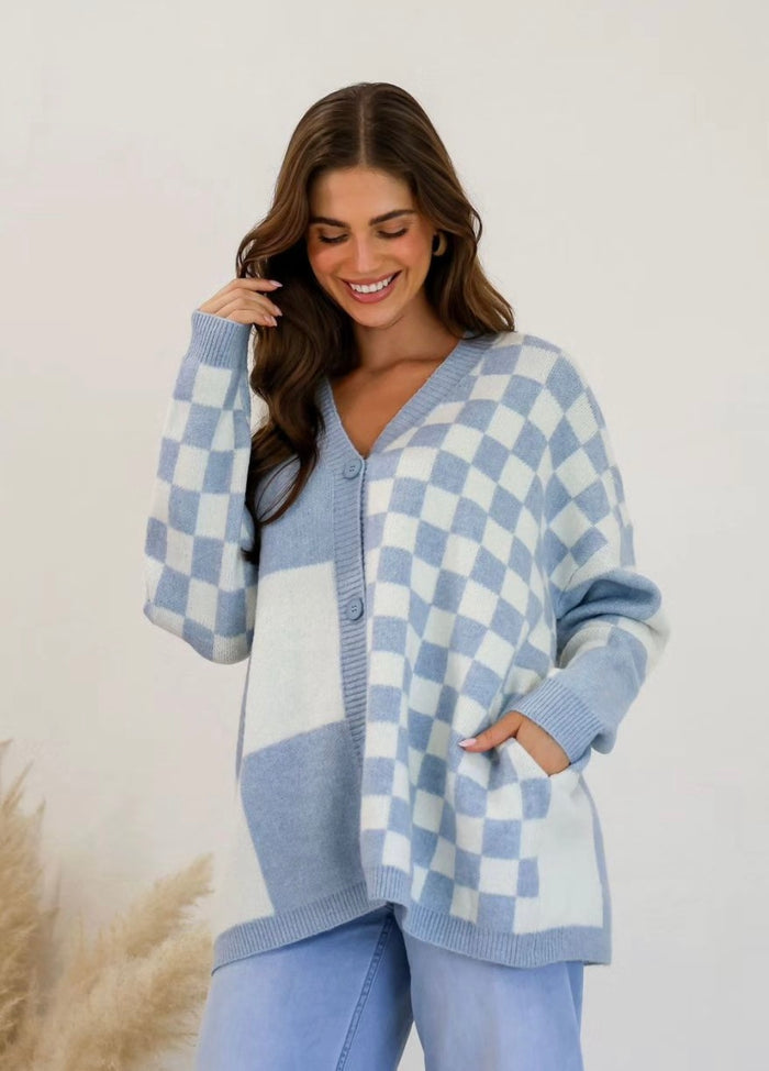 Women’s Blue and White Check Cardigan 