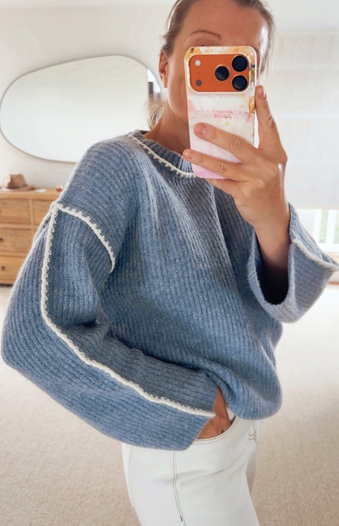 Mabel Blanket Stitch Knit - Blue [PRE ORDER] - Betty Lane 