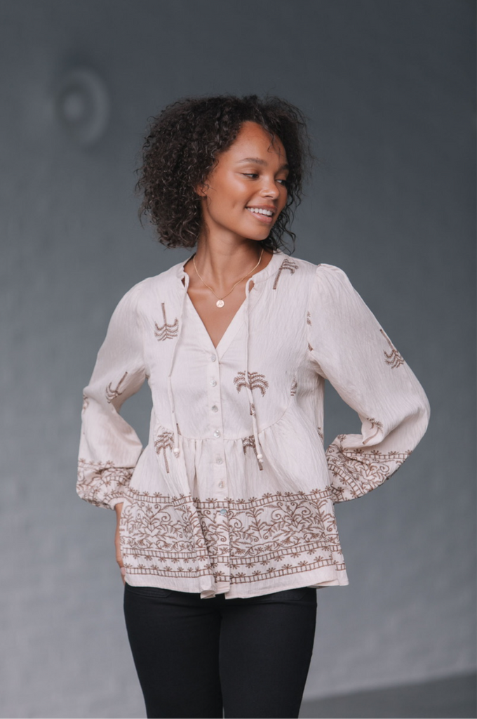 Palm Border Blouse - Tan