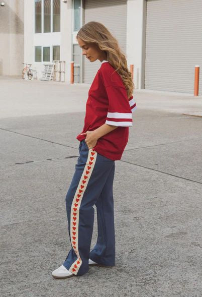 Navy Blue Track Pants with Red Love hearts down the sides