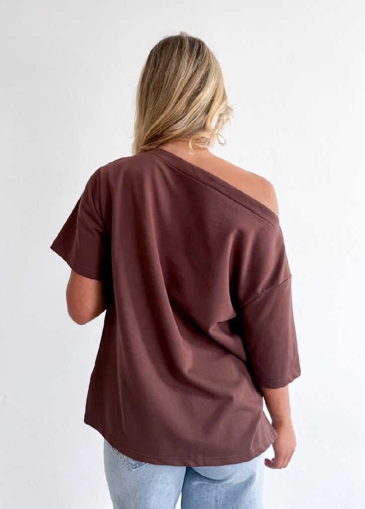 Chocolate oversized off the shoulder tee
