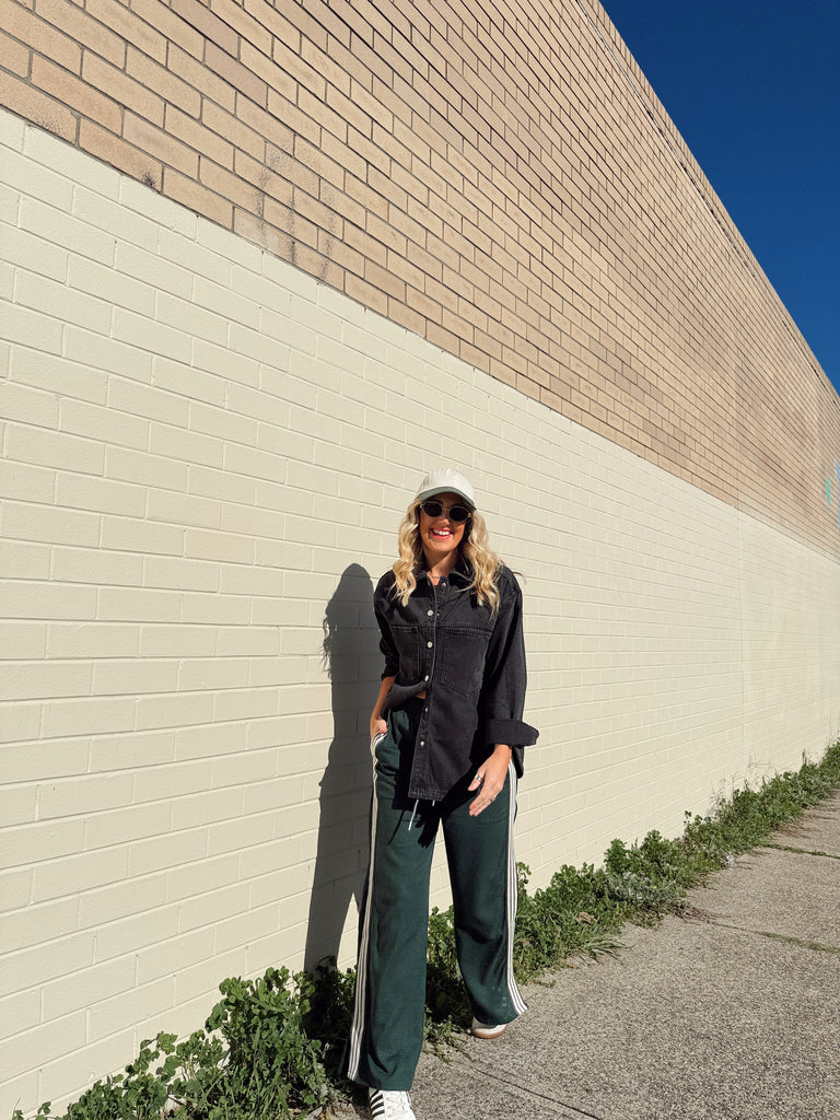 Women's green linen racer stripe pants