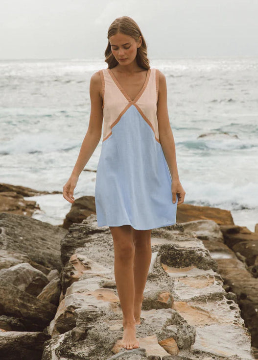 Tan and baby blue v neck colour block mini dress