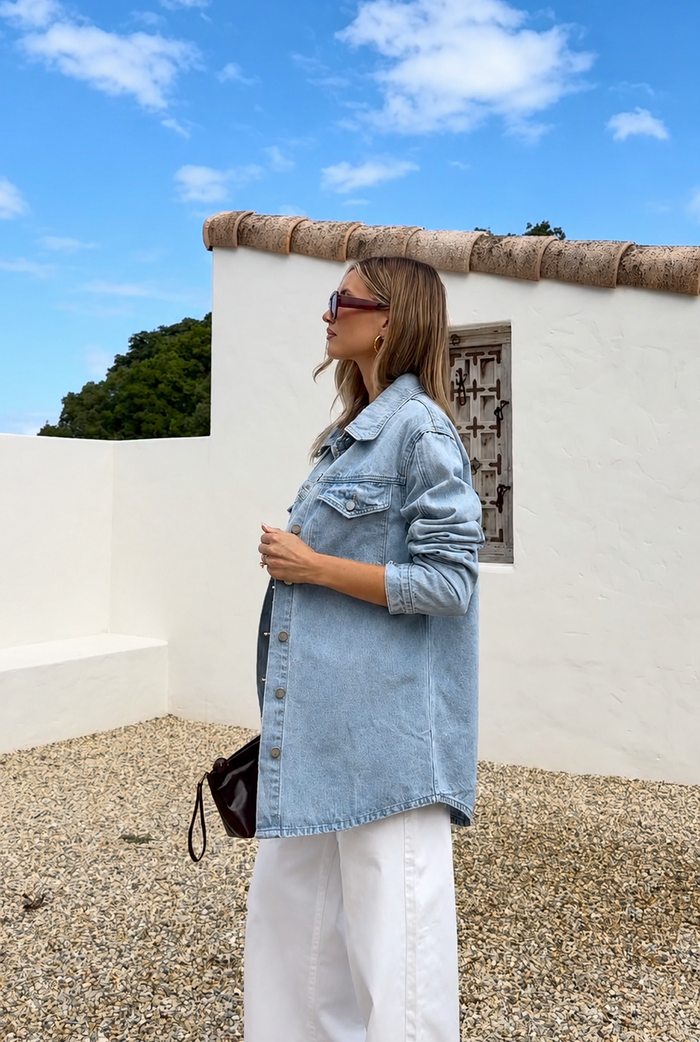 women's longer length blue denim jacket
