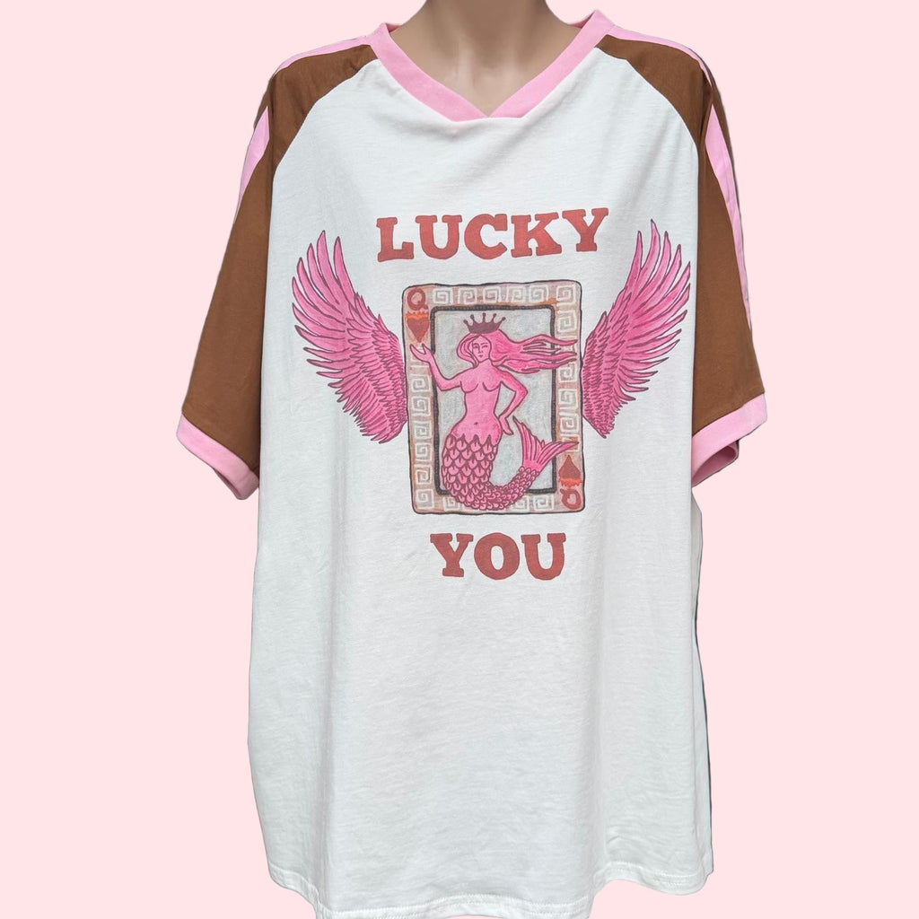 Oversized Tee with pink mermaid artwork and brown sleeves