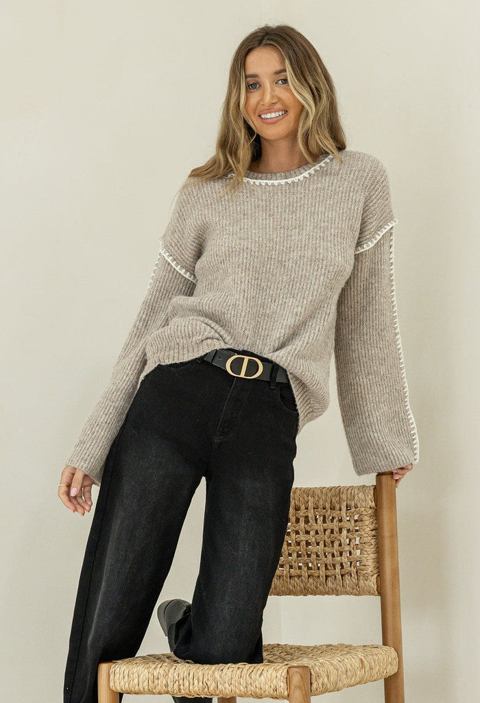 Mabel Blanket Stitch Knit - Mocha - Betty Lane 