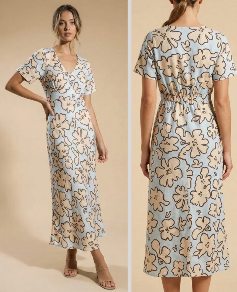 V neckline pale blue maxi dress with cream flowers