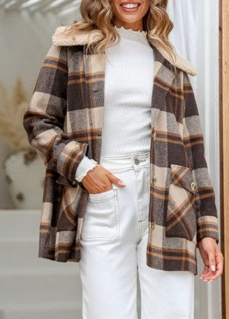 WOMEN'S BROWN AND BEIGE CHECKERED LUMBER JACKET