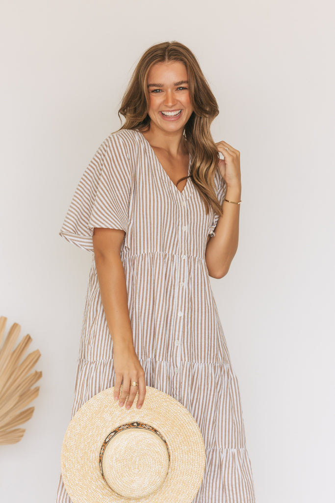 White and brown striped midi dress with pockets