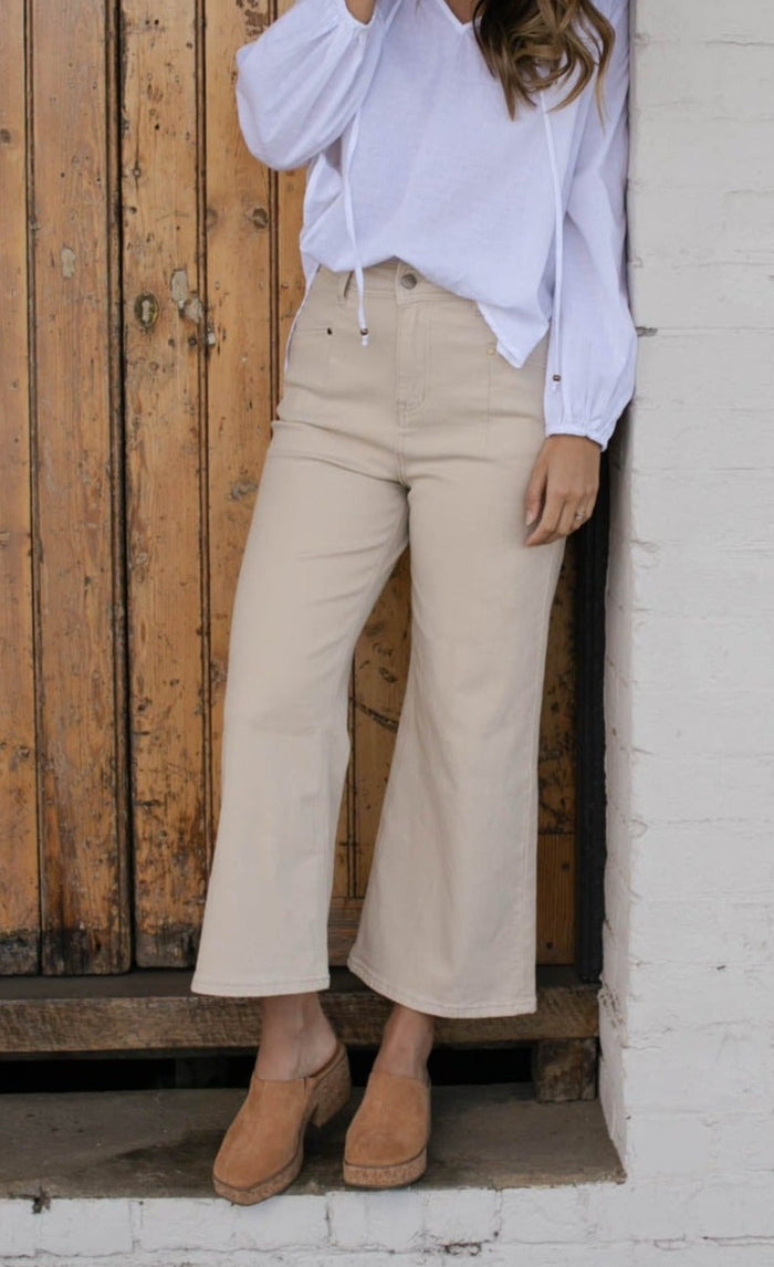 Ellen Wide Leg Jeans - Oatmeal - Betty Lane 